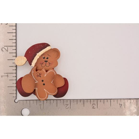 Vintage Teddy Bear Pin Brooch Painted Wooden Cutout Christmas Holiday 90s BinBA - Picture 12 of 12